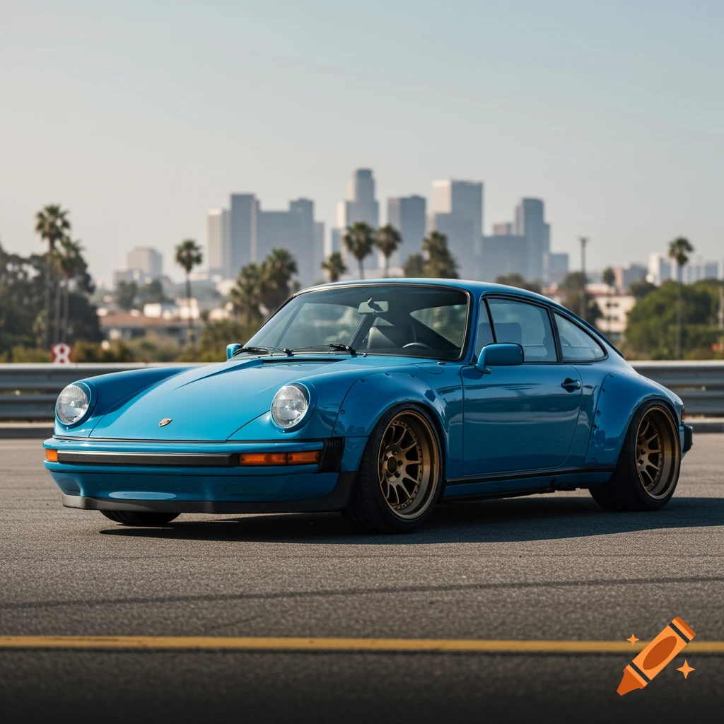 Blue 1971 Porsche 911 with widebody kit and bronze rims, city skyline background