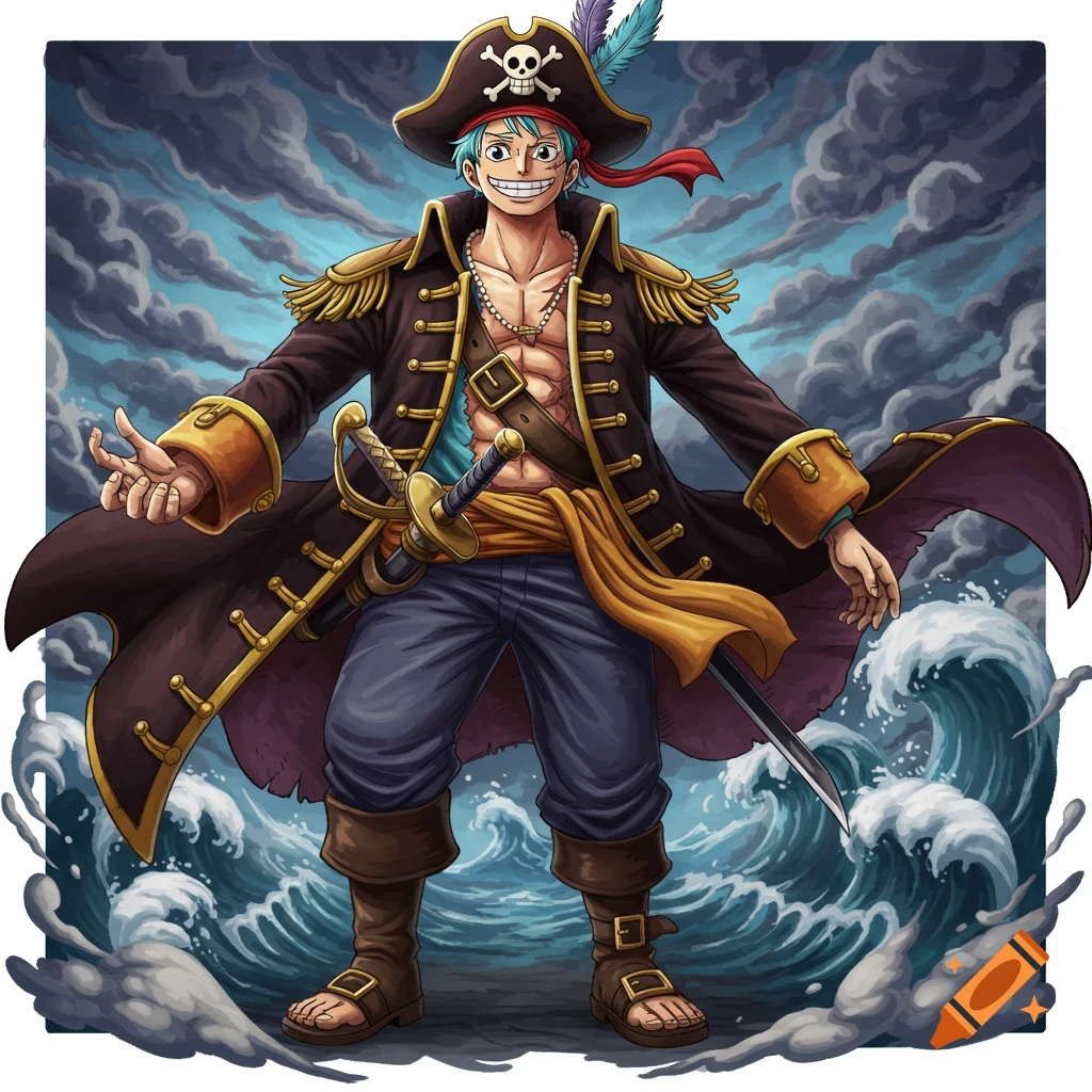 Stylized anime illustration of a blue-haired pirate character standing in water with a stormy sky.