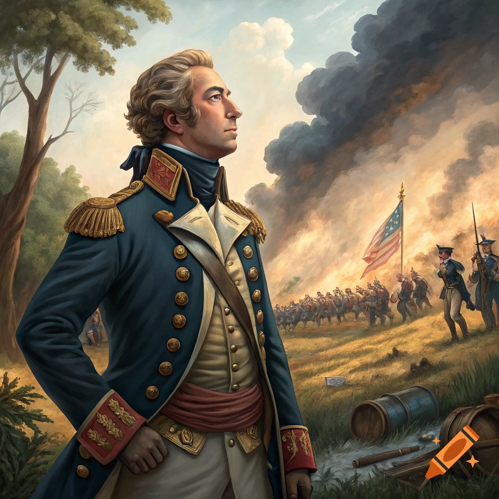 Marquis de Lafayette in a blue military uniform looks towards a battle with the American flag behind him, historical painting style.