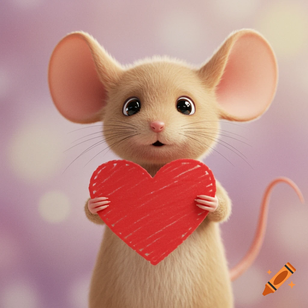 A cute, fluffy animated mouse holds up a red heart with scribbled lines.