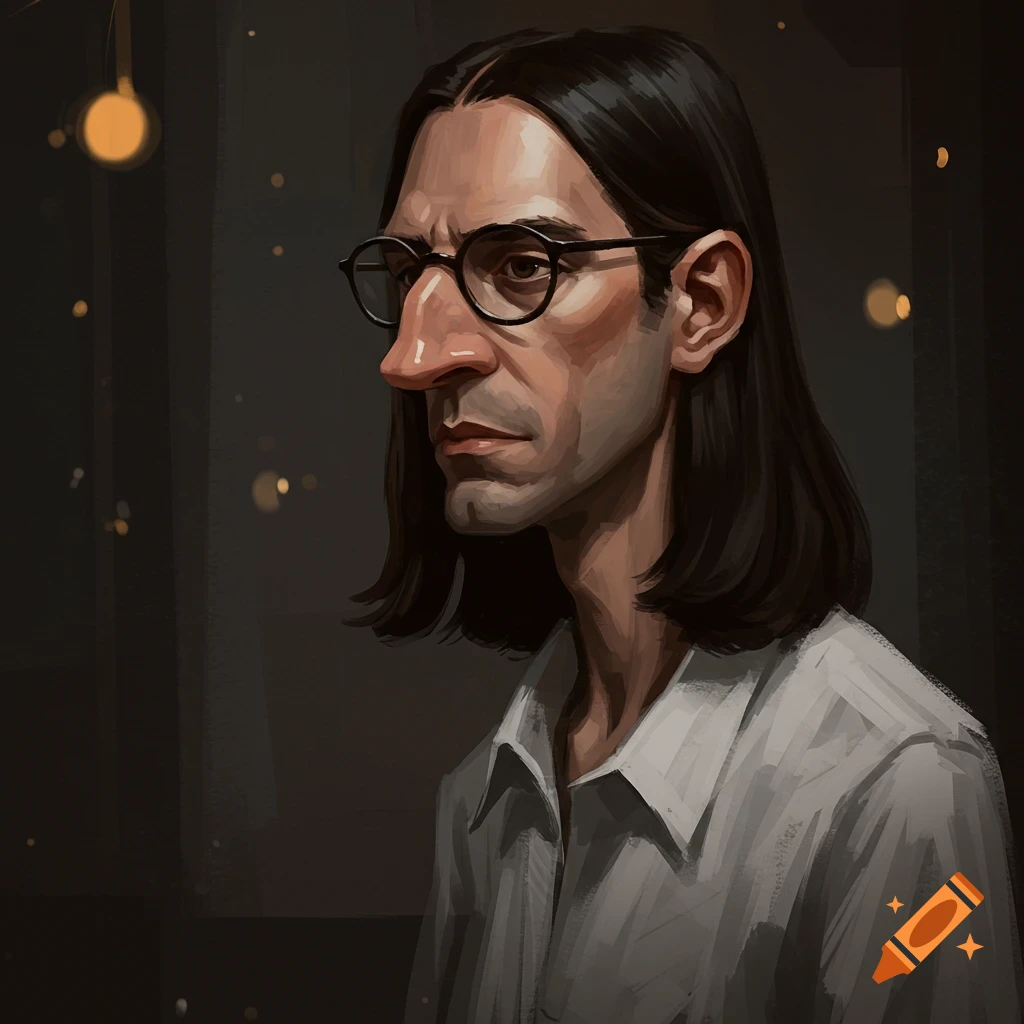 Portrait of a man with long hair, glasses, and a large nose.