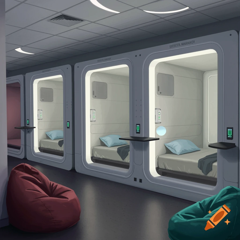 A futuristic dorm room with sleeping pods and bean bag chairs