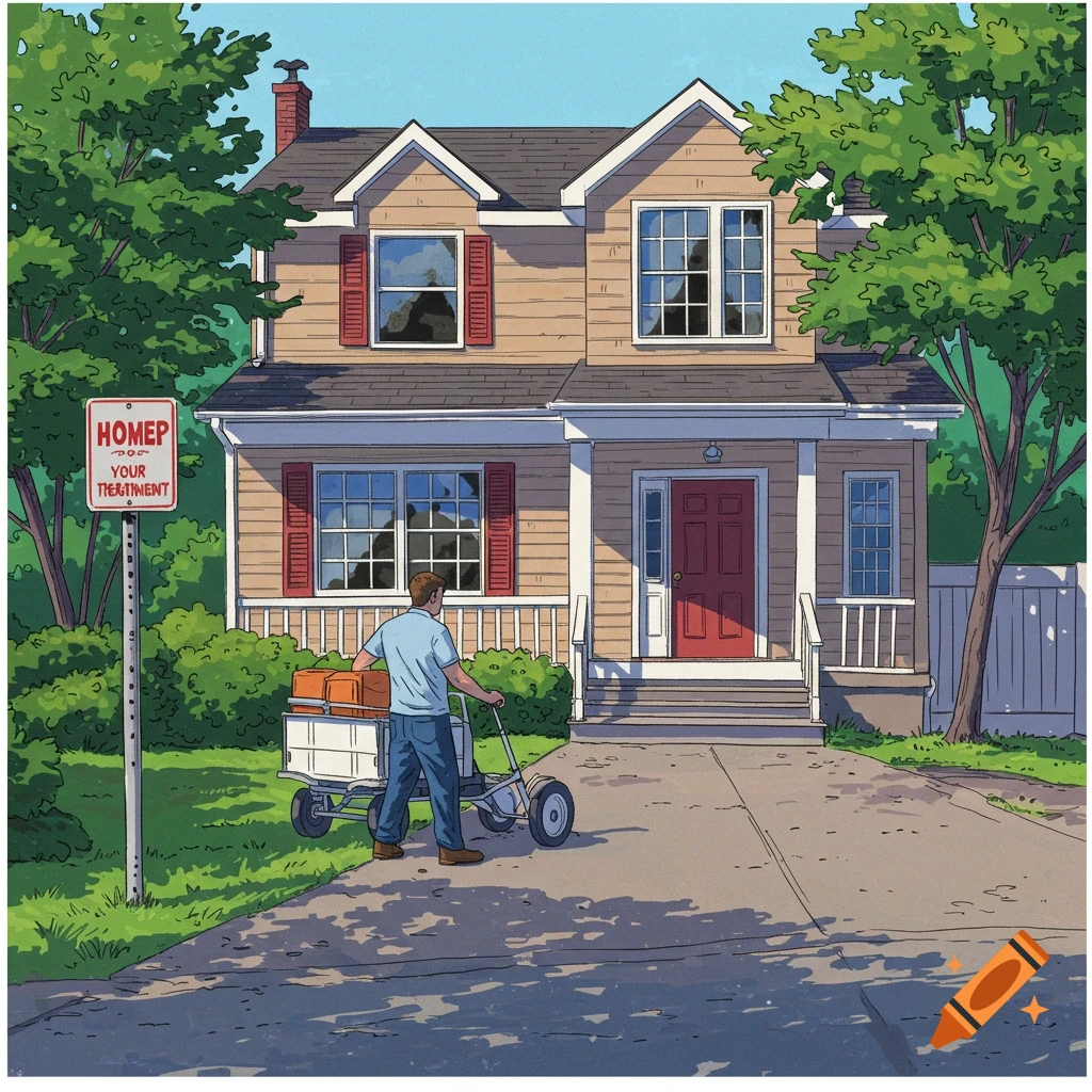 A man pushing a cart towards a house with a sign.