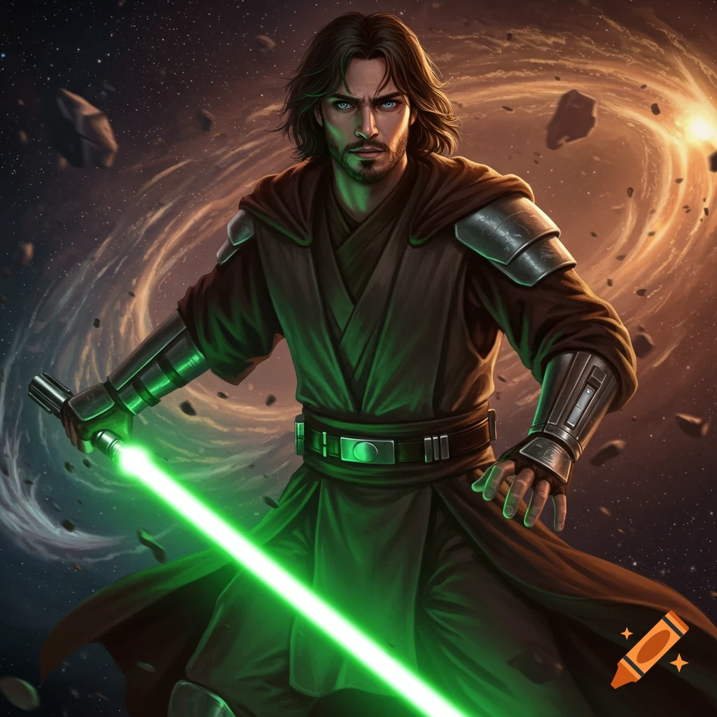 A long-haired male Jedi in armor wields a green lightsaber in space with asteroids and a nebula.