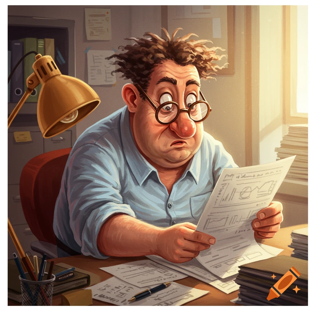 Illustration of a cartoonish man with curly hair and glasses looking worried while doing paperwork at a desk.