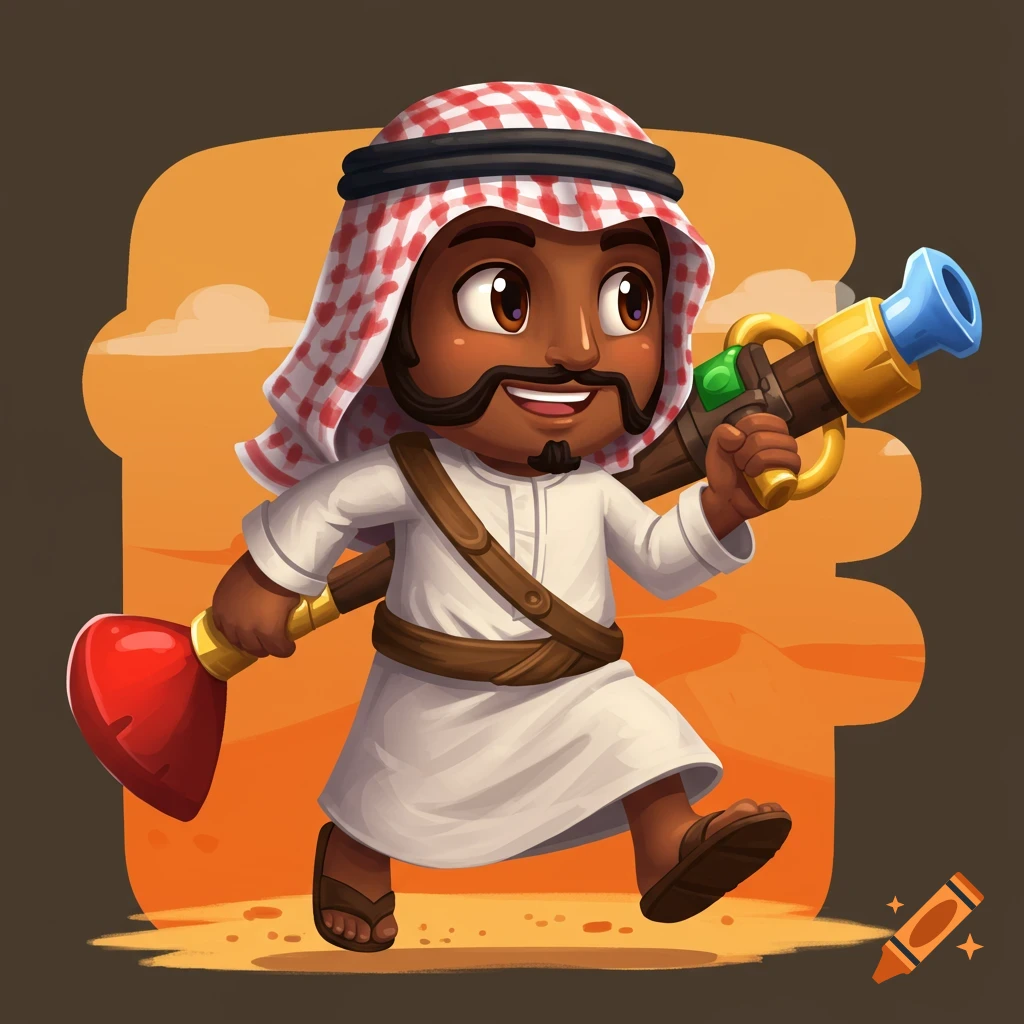 A cartoon character of a person wearing traditional Saudi attire and holding a plunger weapon.