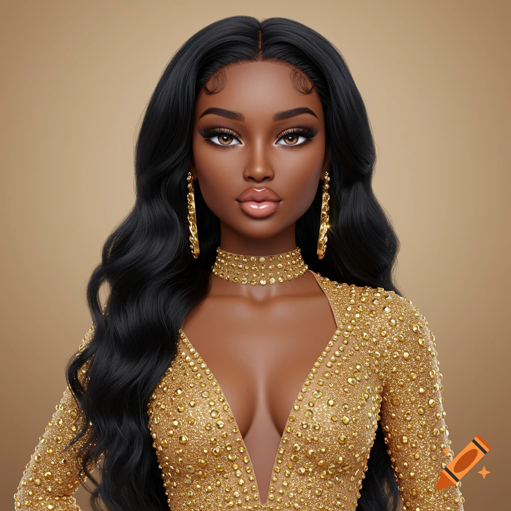 Illustration of a woman in a gold rhinestone dress and jewelry.