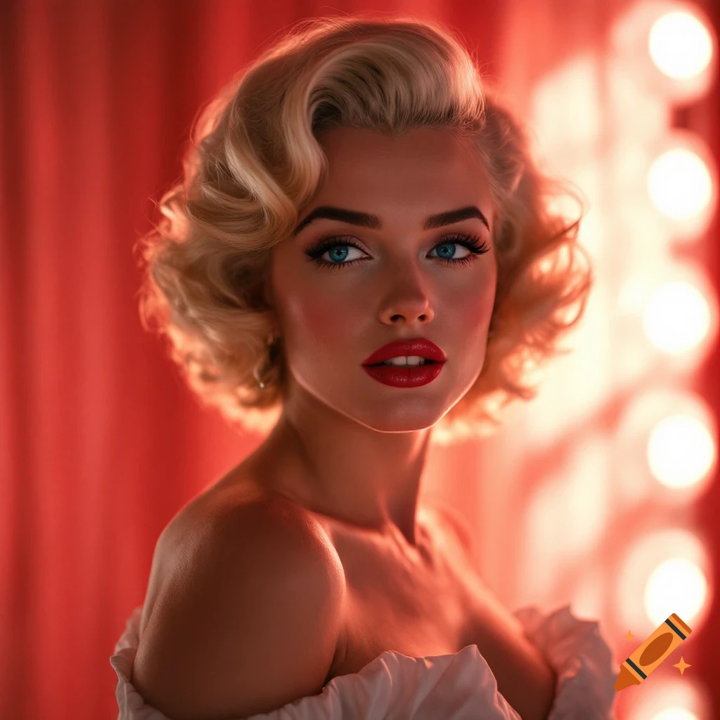 Realistic portrait of a woman with blonde hair styled like Marilyn Monroe, blue eyes, and red lips, wearing a white dress under dramatic lighting.