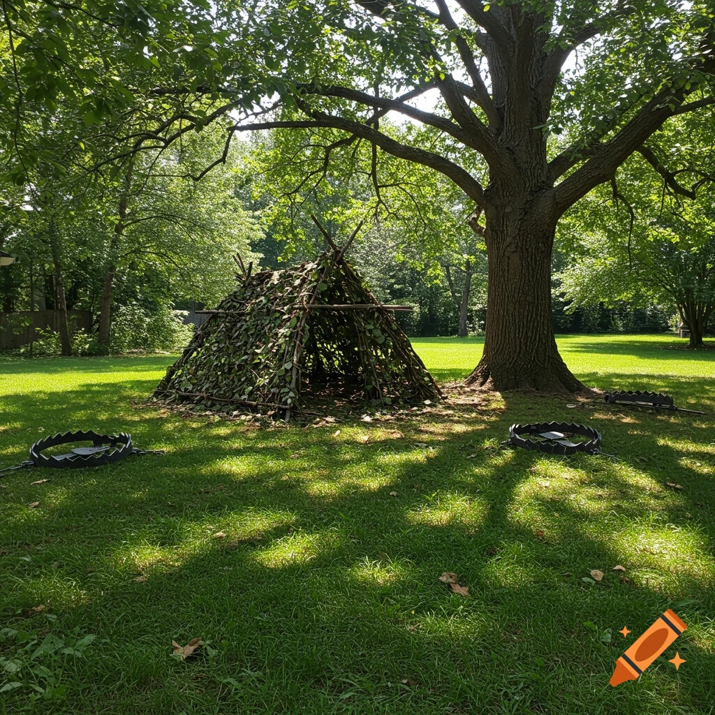 A makeshift shelter made of leaves and branches next to a large tree in a grassy field, with two large traps on the ground.