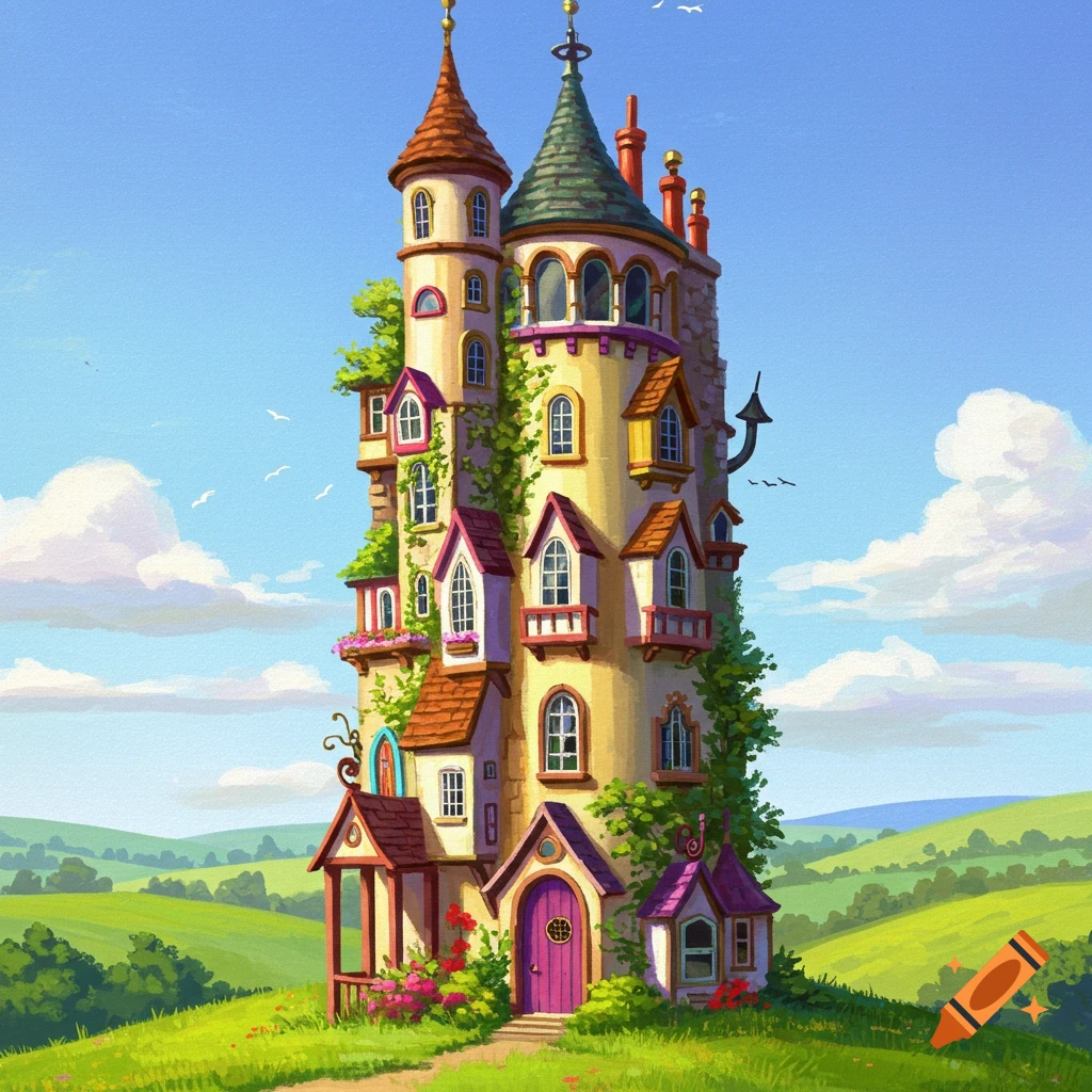 A tall, whimsical folly castle on a grassy hill.