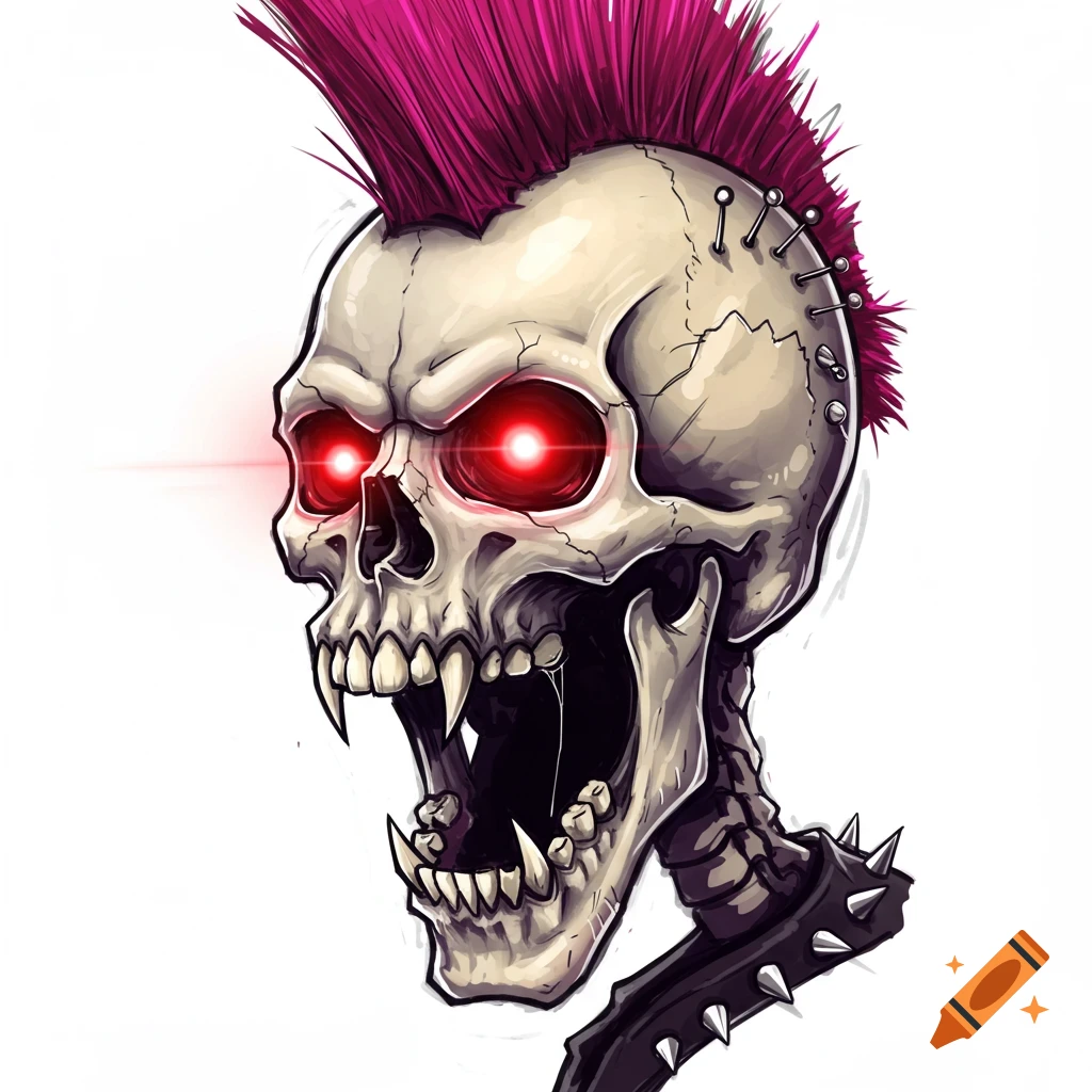 A punk skeleton with a pink mohawk, red glowing eyes, and spiked collar, mouth open.