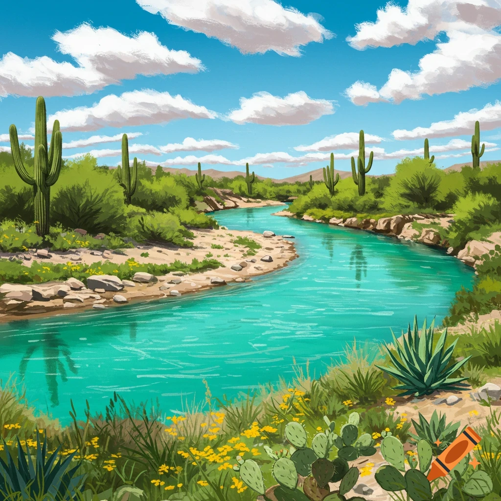 A bright blue river winding through a desert landscape with cacti and green plants.