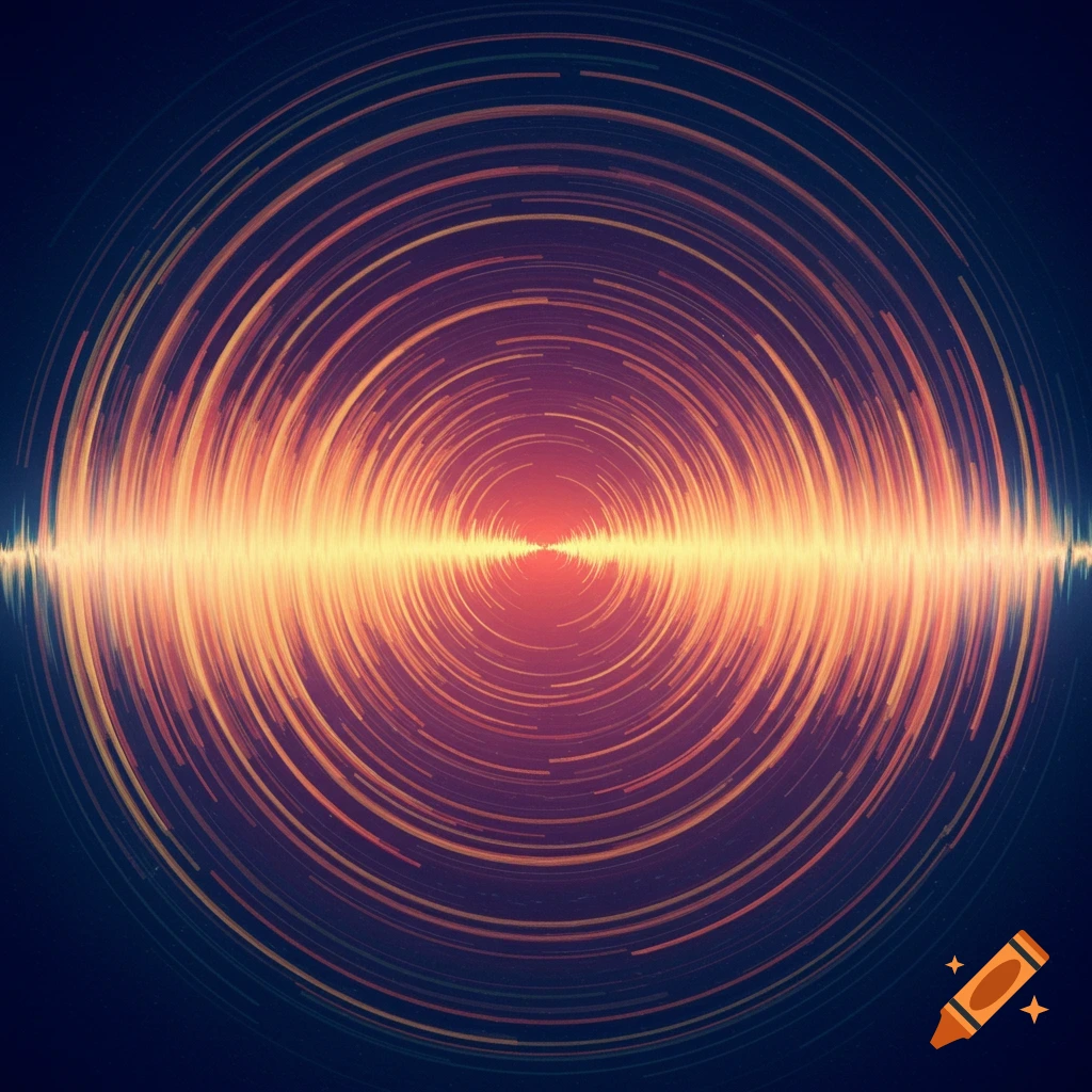Abstract image of diverging sound waves in shades of orange, red, and blue