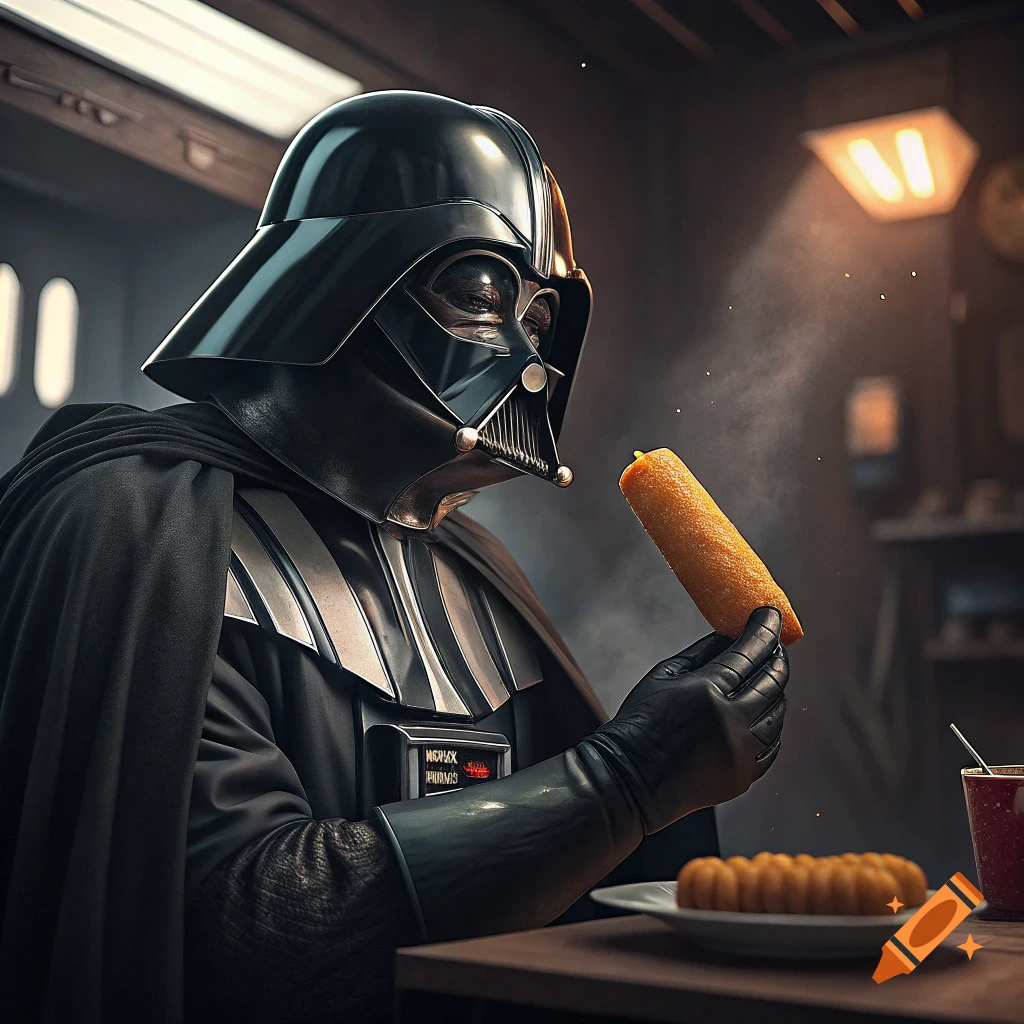 Darth Vader holds a corn dog and looks at it, with more corn dogs on a plate and a drink on a table, photorealistic style.