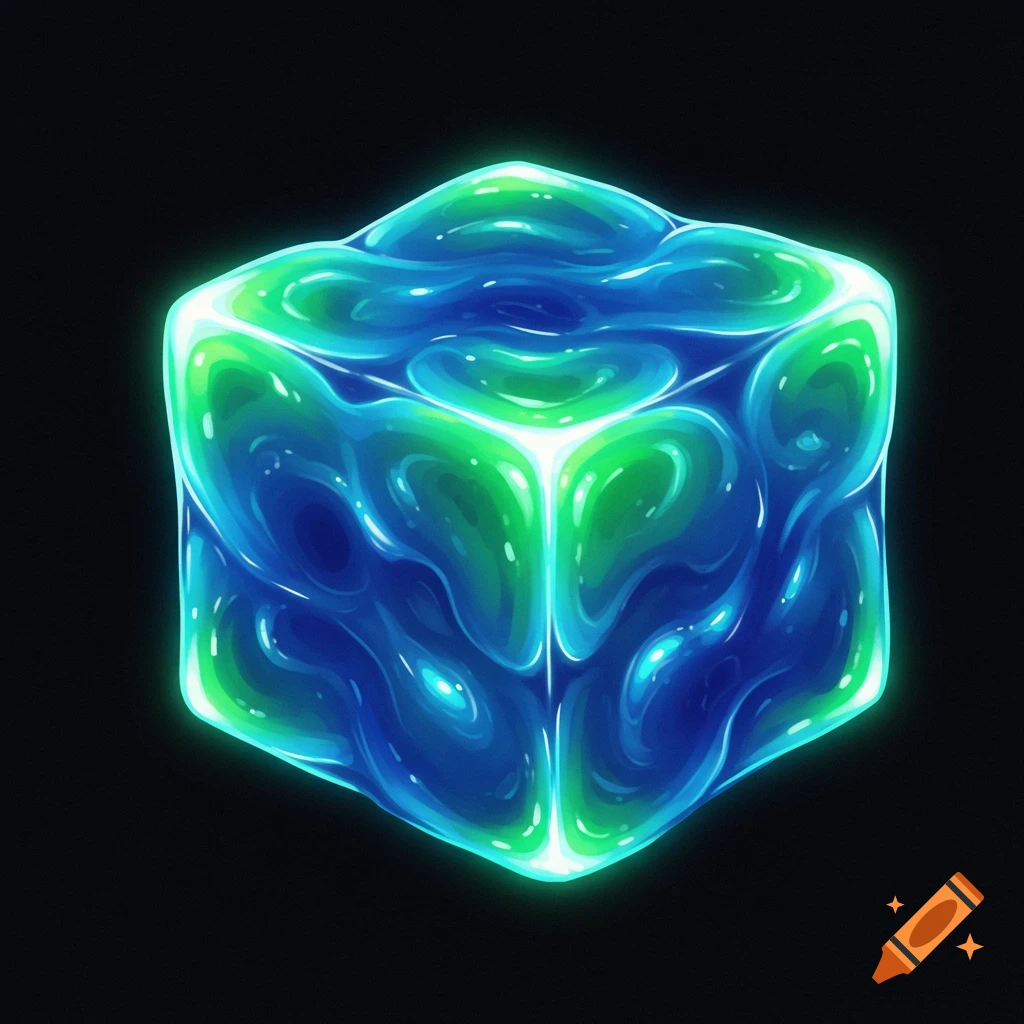 A glowing blue and green slime cube