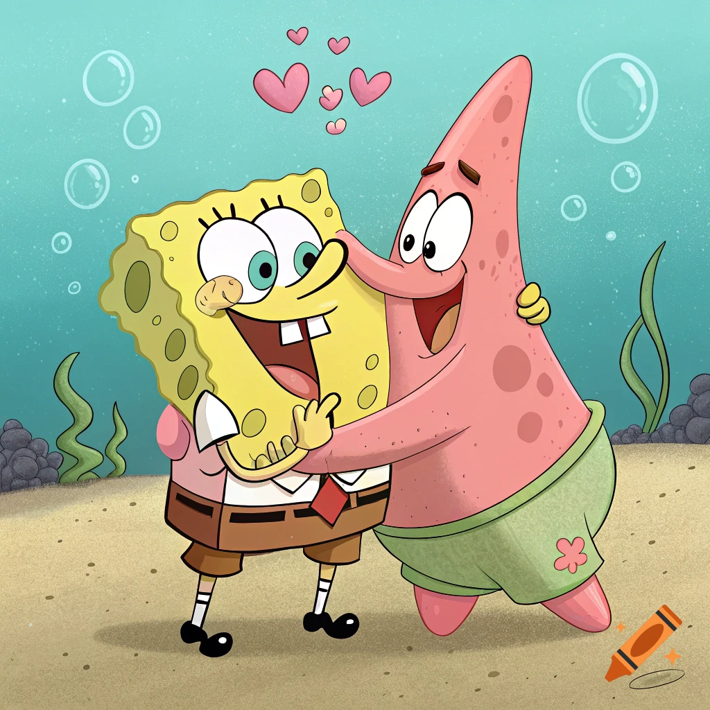 Spongebob and Patrick hug underwater with hearts floating above them, in a cartoon style.