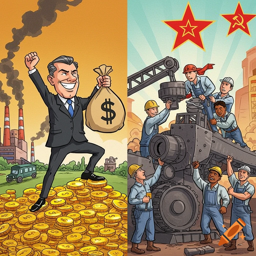 Cartoon depicting a man celebrating on a pile of money near factories (capitalism) and workers building machinery under communist symbols (communism).