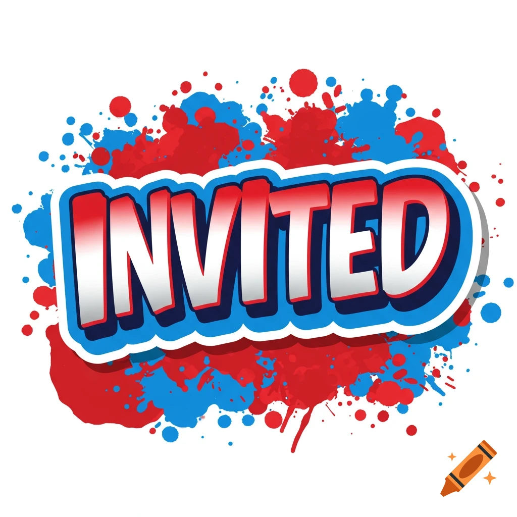Stylized invited text with red and blue paint splatters