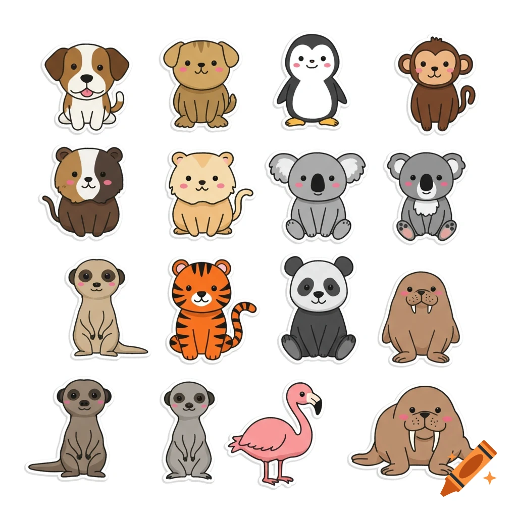 Grid of cute cartoon animal stickers: dog, cat, penguin, monkey, tiger, panda, flamingo, walrus, meerkat, koala, bear.