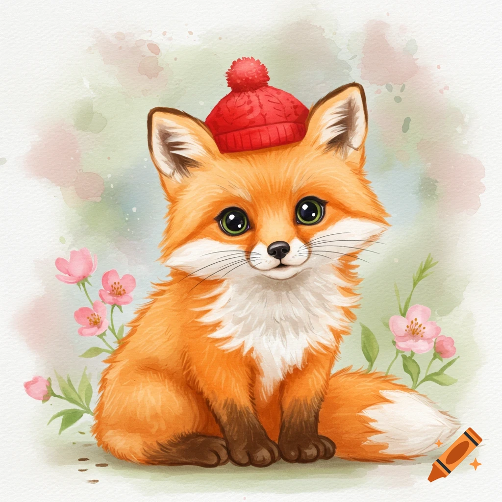 A cute watercolor illustration of a fox wearing a red beanie hat.