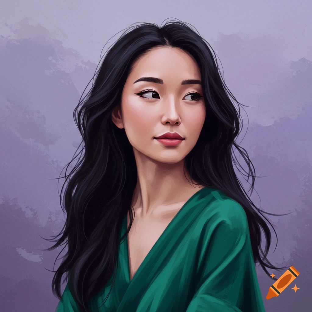 A woman with black hair in a green garment against a purple background