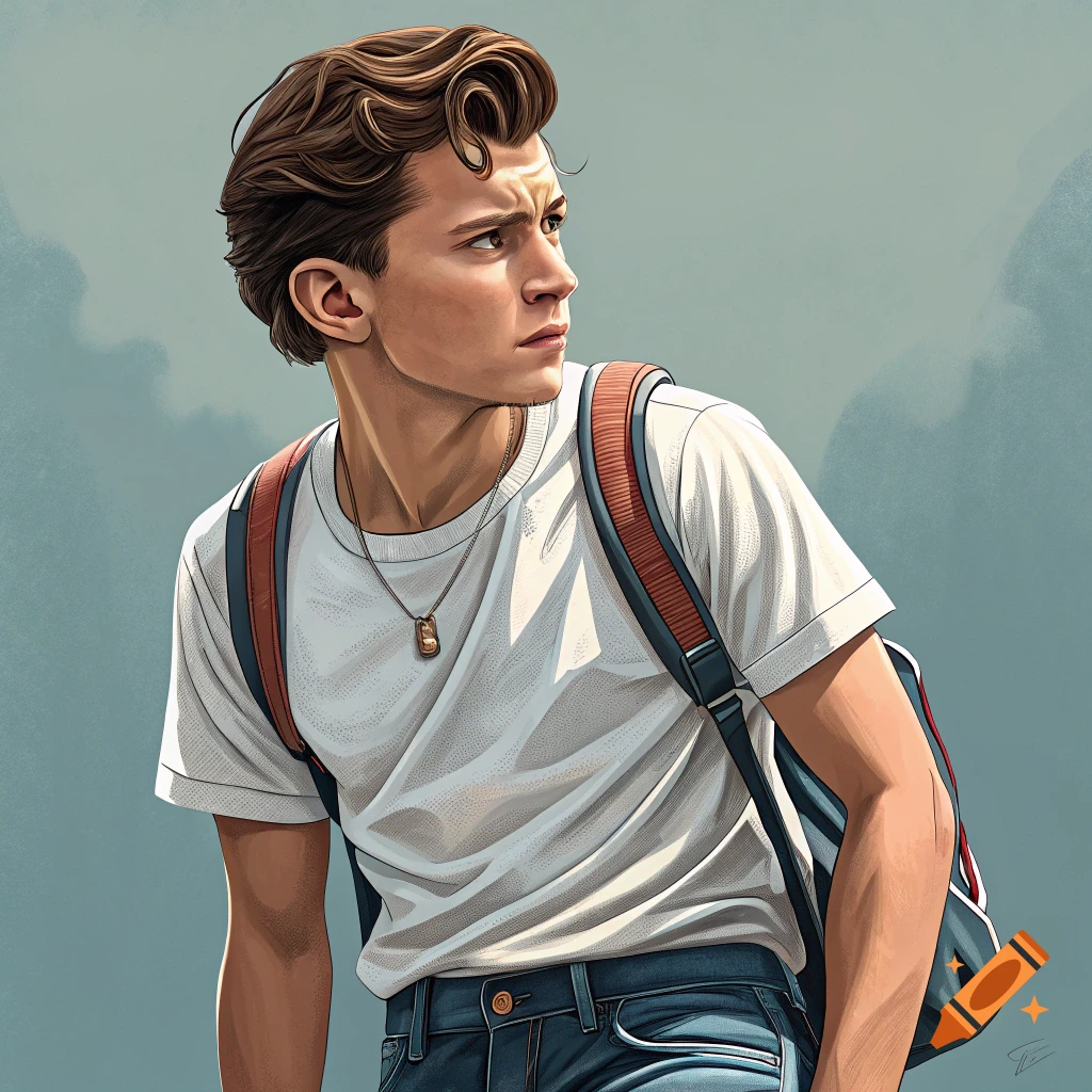 A stylized illustration of a young man resembling Tom Holland wearing a t-shirt and backpack.