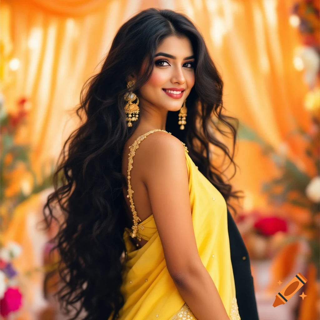 A young woman in a yellow traditional outfit with gold earrings smiling