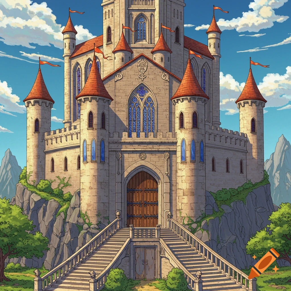 A large castle on a rocky hill with stairs leading up to the entrance, in an anime style.