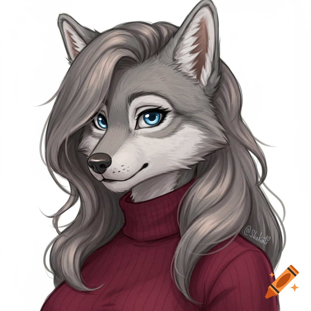 Detailed portrait of an anthro grey wolf female with long wavy hair and blue eyes wearing a maroon turtleneck.