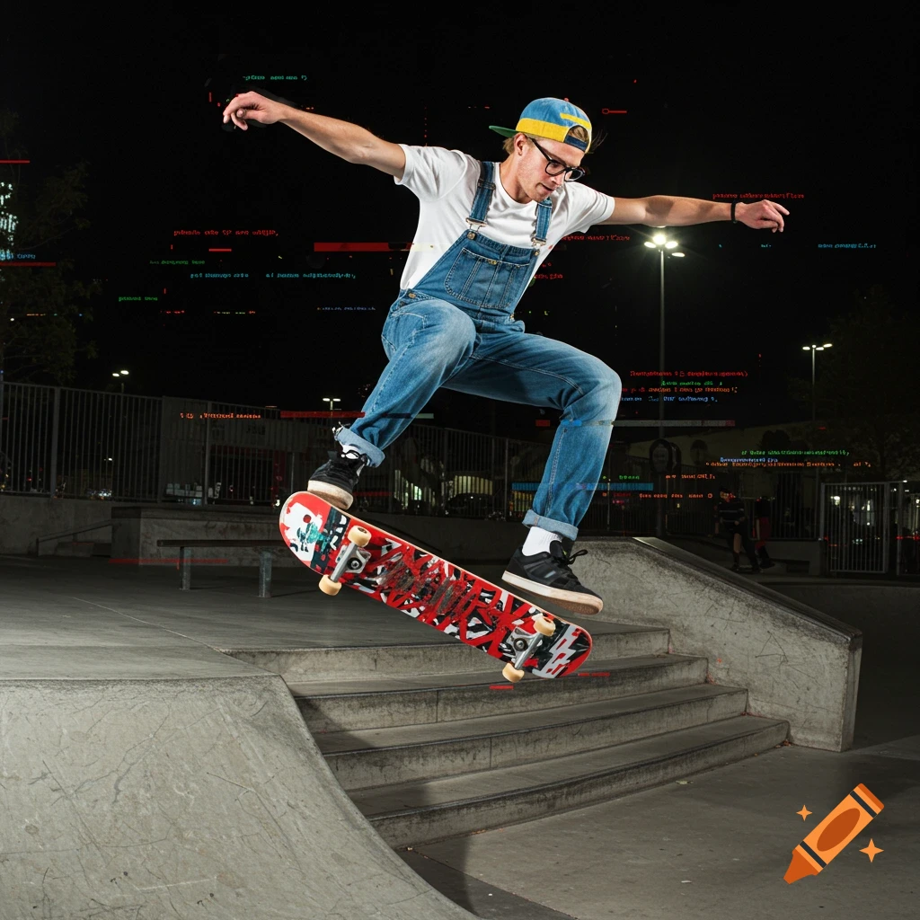 A skateboarder jumping in a night skatepark with coding overlays.