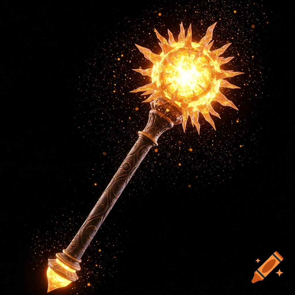 A detailed magical mace with a glowing sun head, emitting orange light and particles, on a dark background.