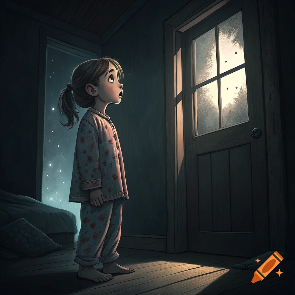 Illustration of a young girl in pajamas looking out a window at the night sky from a dark bedroom.