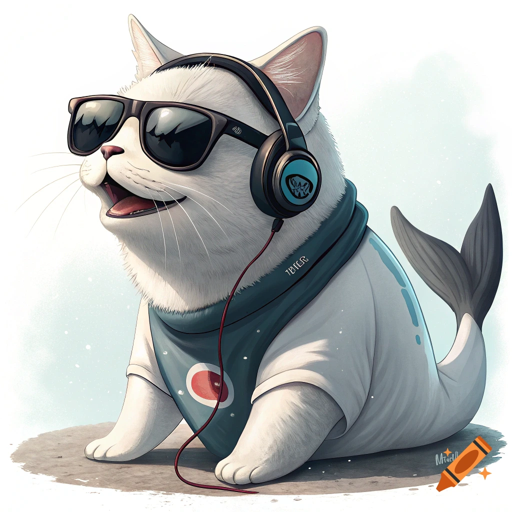 A white cat with a seal tail wears sunglasses and headphones, sitting on the ground.