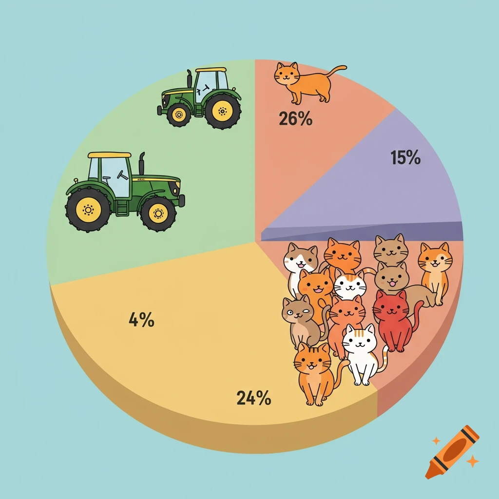 Cartoon pie chart with slices showing tractors and cats next to percentages
