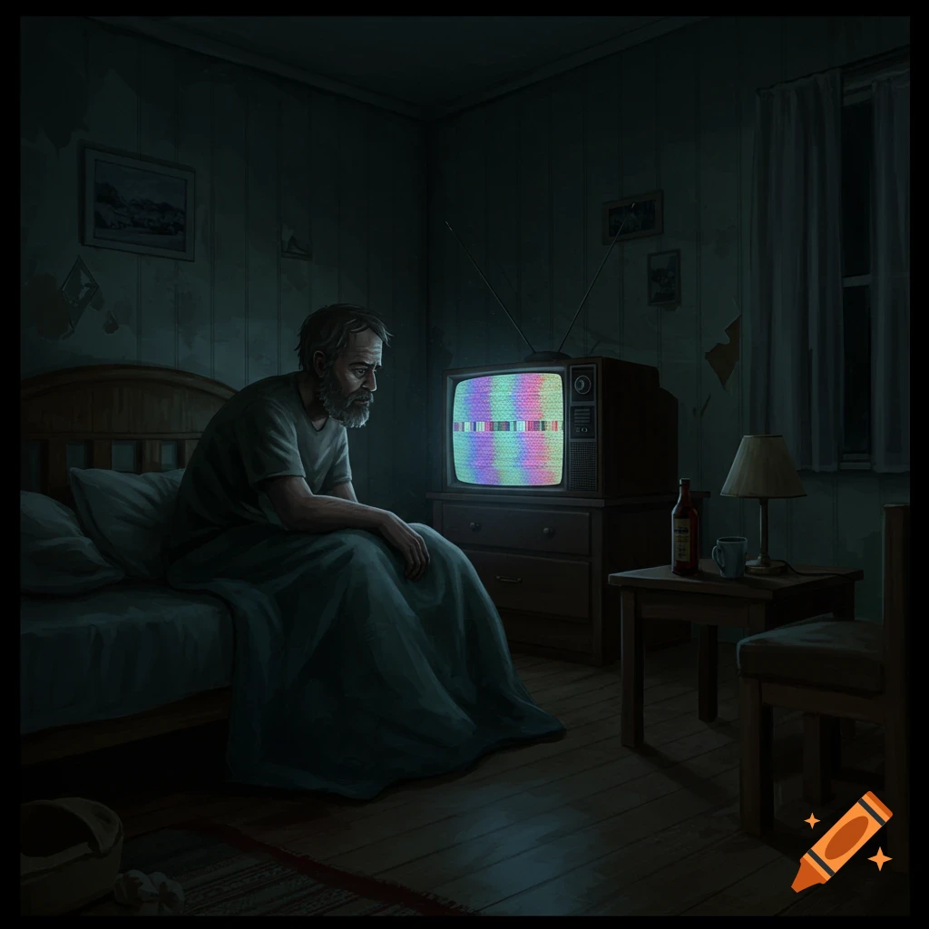 A lonely man sits on a bed watching a static television in a dark room.