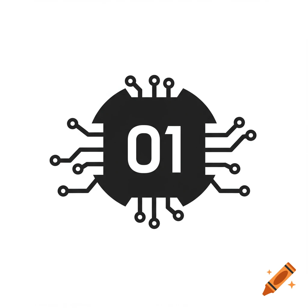 Black and white graphic icon of a circuit chip with the numbers 01