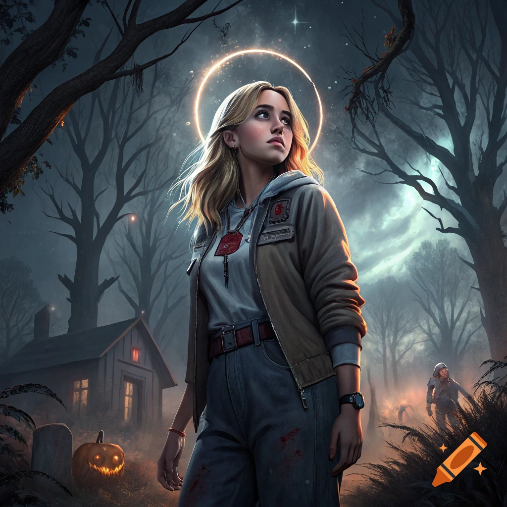 A young woman with blond hair stands in a dark, spooky forest with a glowing circle above her head, a pumpkin, and figures in the background.