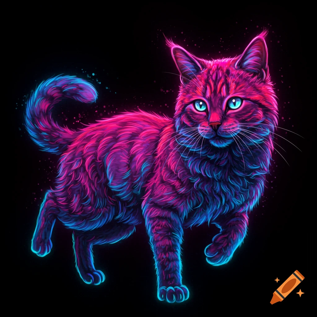 A cat with glowing pink and blue neon fur