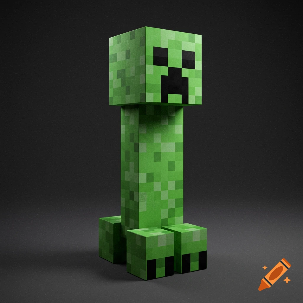 A 3D render of a full-body Minecraft Creeper character against a dark background.