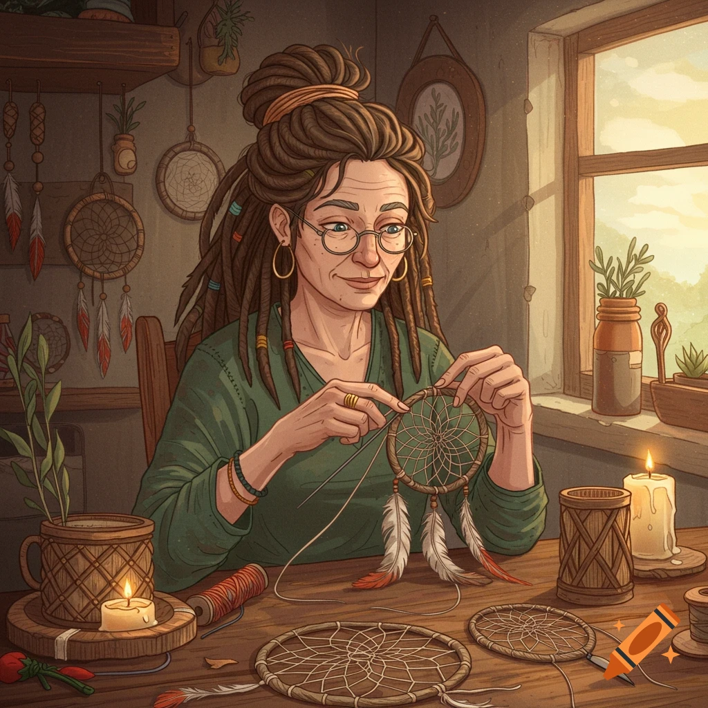 An older woman with dreadlocks is making dream catchers in a cozy workshop.