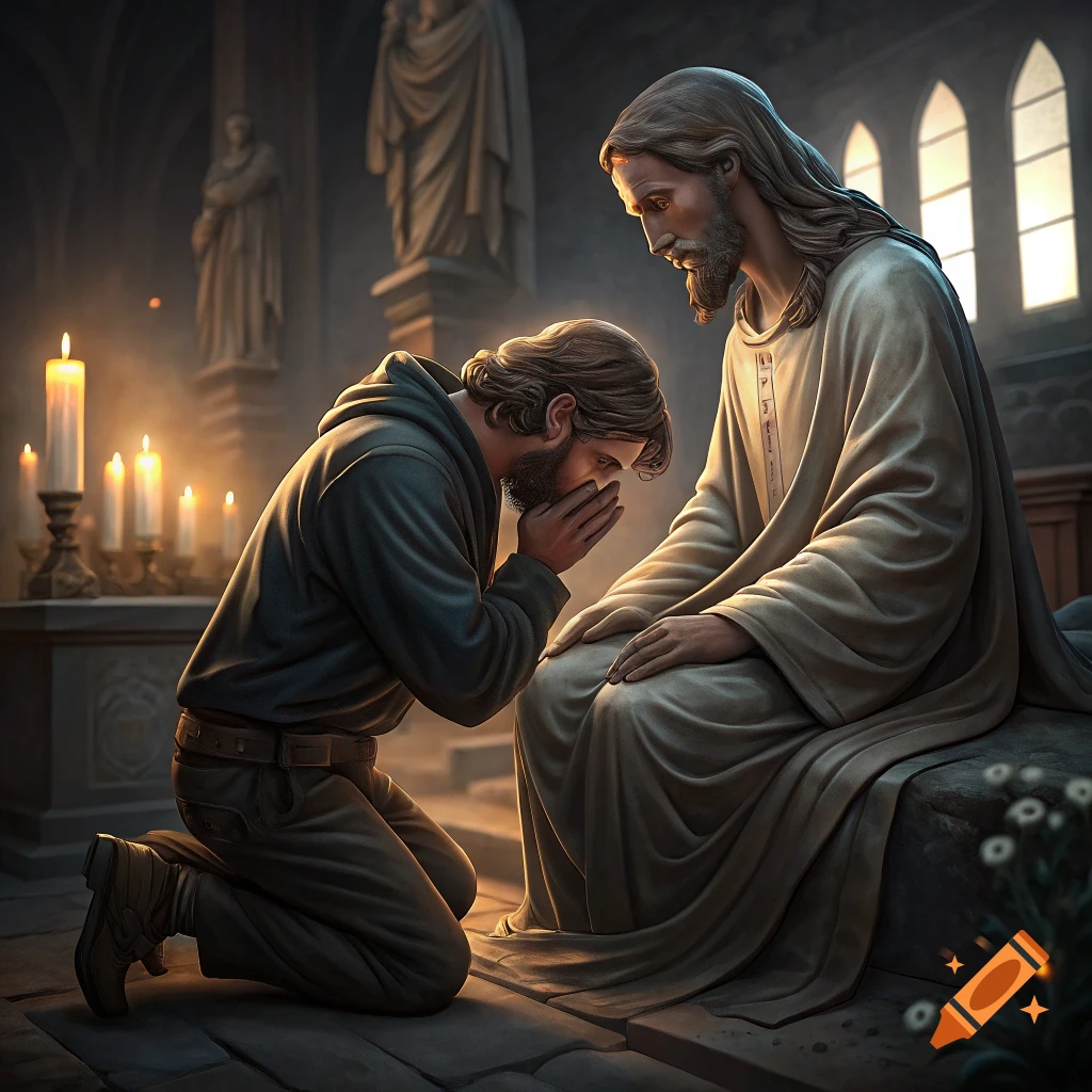 A man kneels and cries at the feet of Jesus in a church.