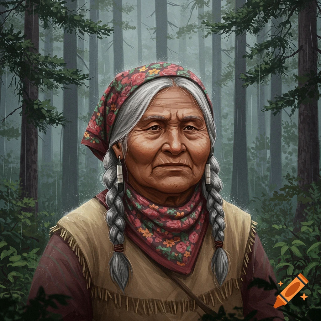An old Indigenous woman with braids and a bandana in a forest.