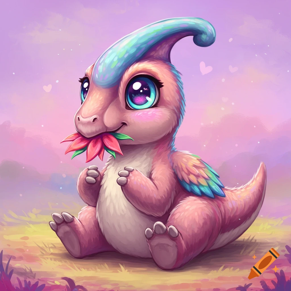 A cute pink baby dinosaur with big eyes sitting and holding a flower in its mouth.