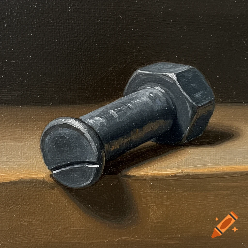 Oil painting of a dark metal bolt or rivet on a wooden surface