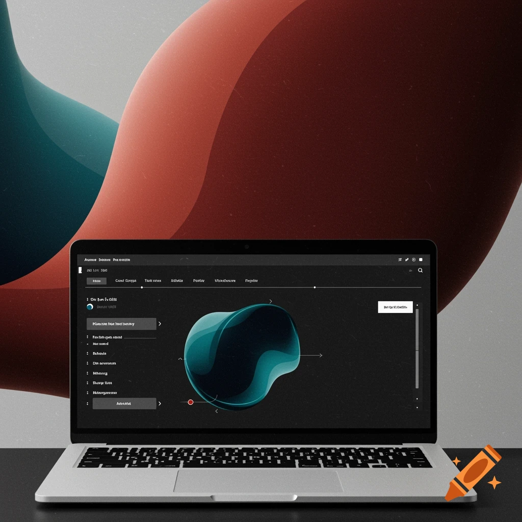 Laptop screen showing website UI with abstract graphic on screen and in background.