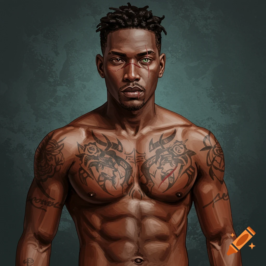 A muscular man with tattoos, scars, and heterochromia