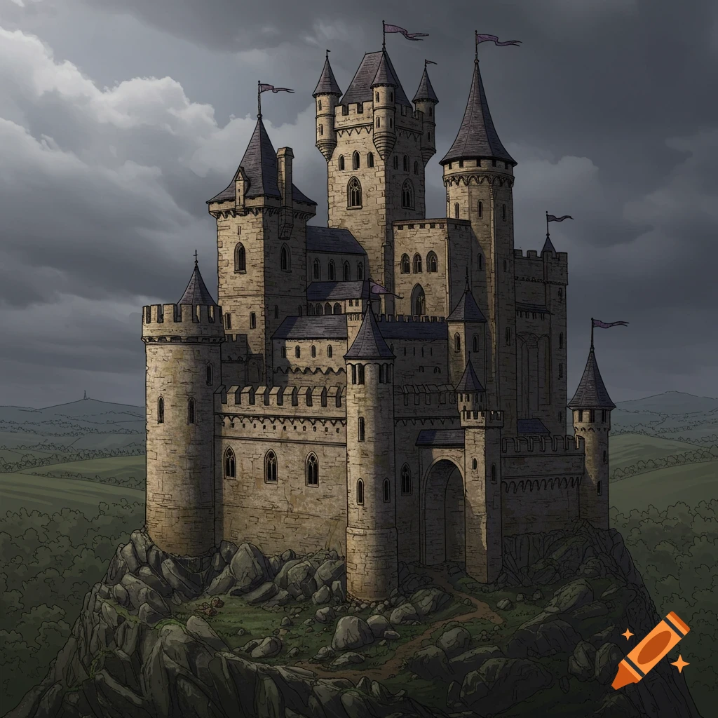 Illustration of an old castle on a rocky hill under stormy clouds.