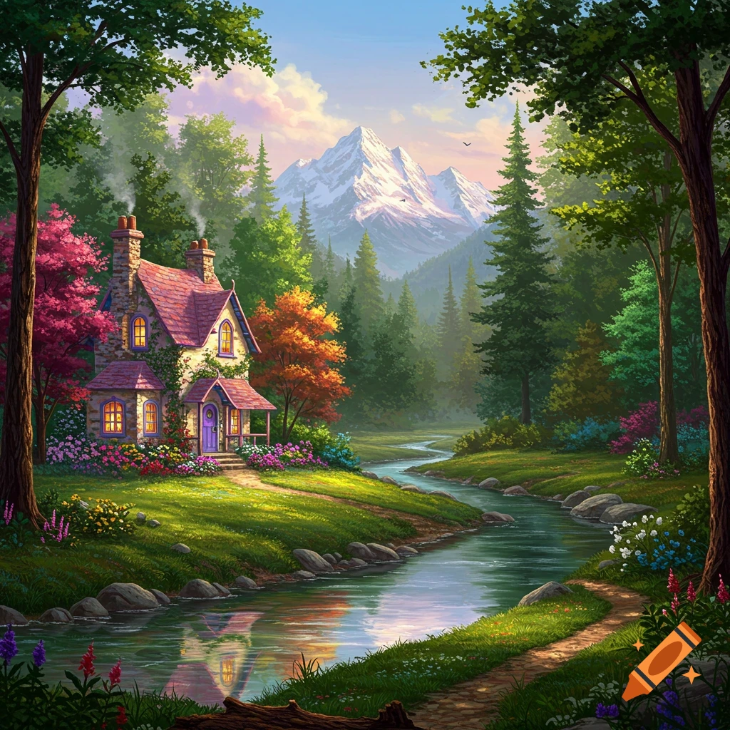 A charming cottage by a river in a lush forest with a snowy mountain backdrop.