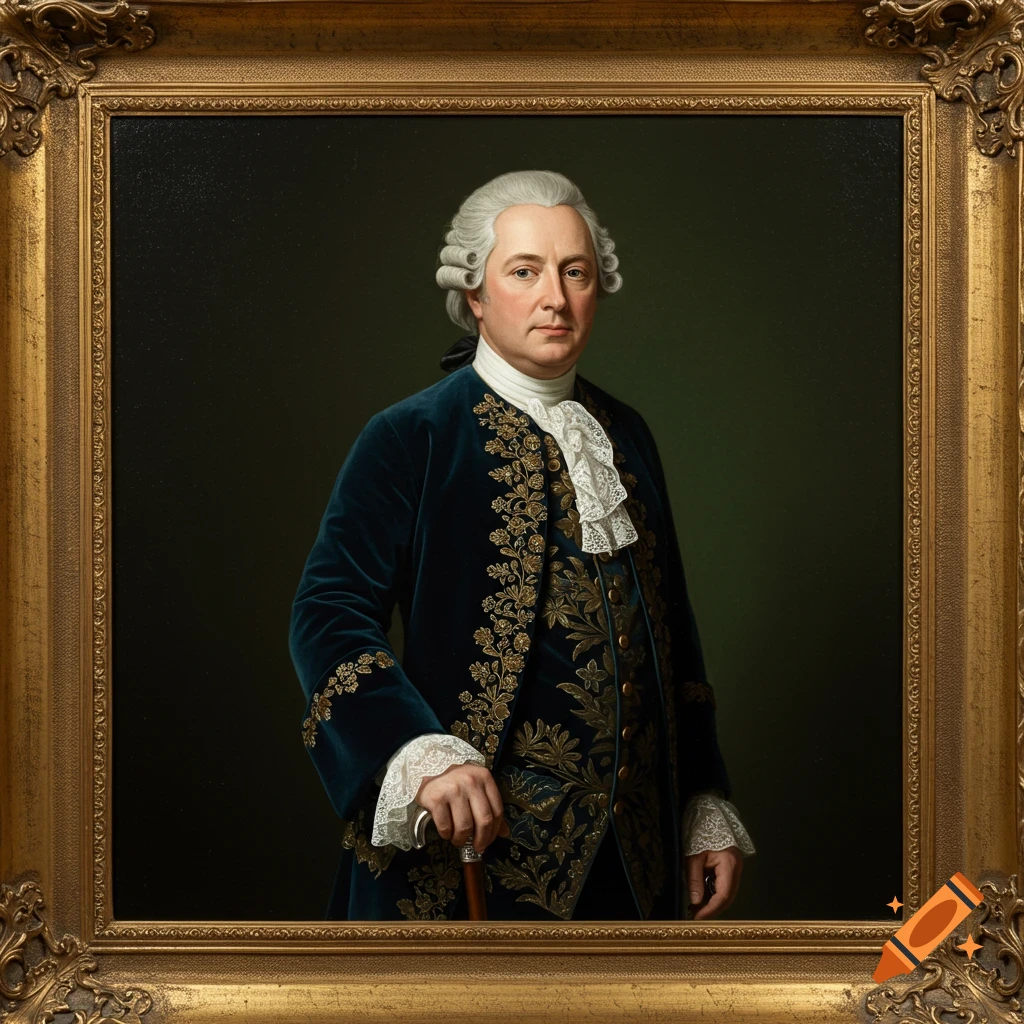 Classical painting portrait of a man in a blue velvet coat and wig, holding a cane.