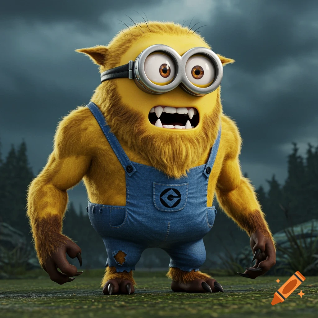 A Minion character transformed into a werewolf with sharp teeth and claws, wearing tattered overalls in a forest under a stormy sky.